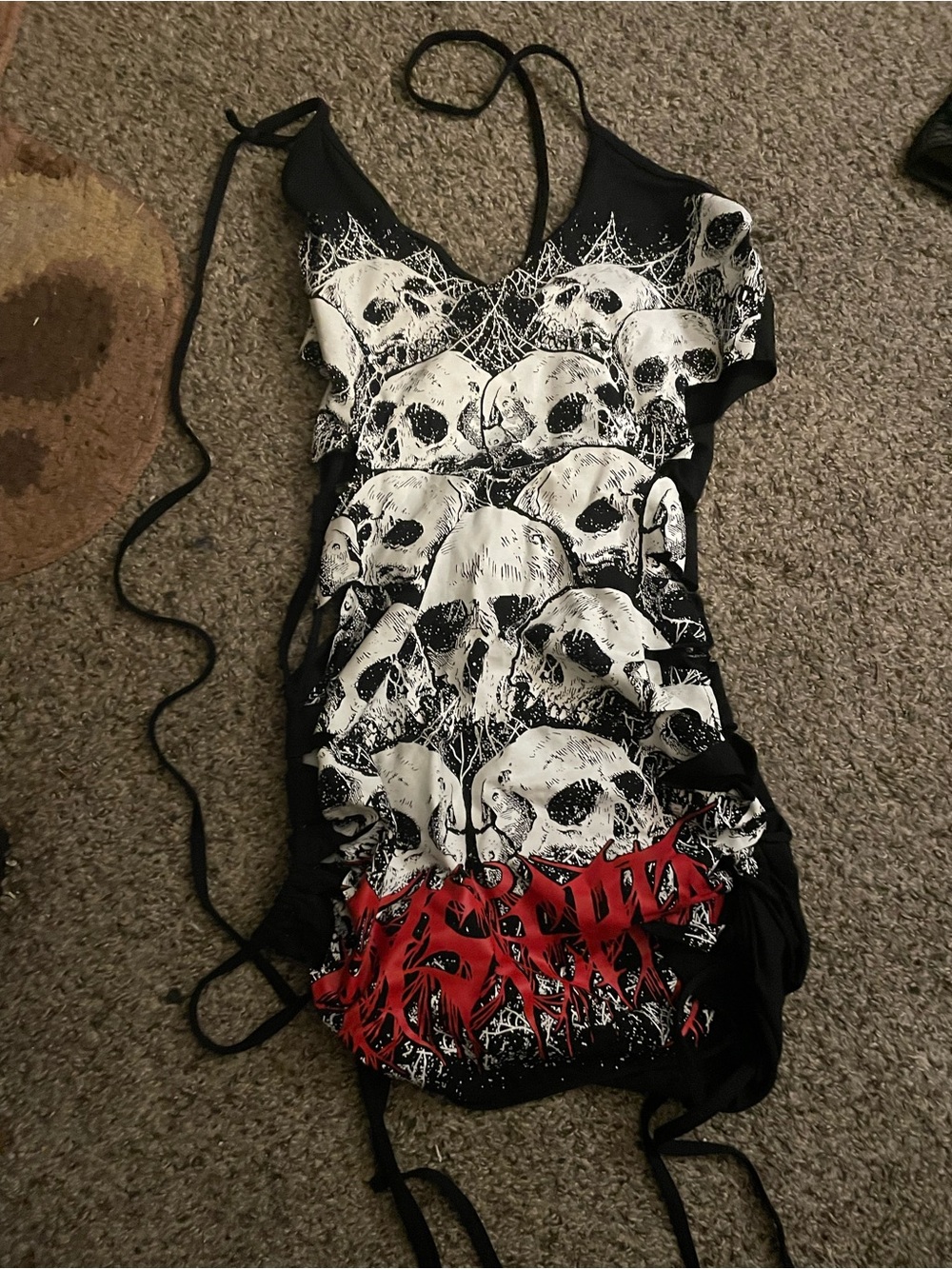 Kids Black Skull Graphic One-Piece Swimwear with Red Accent